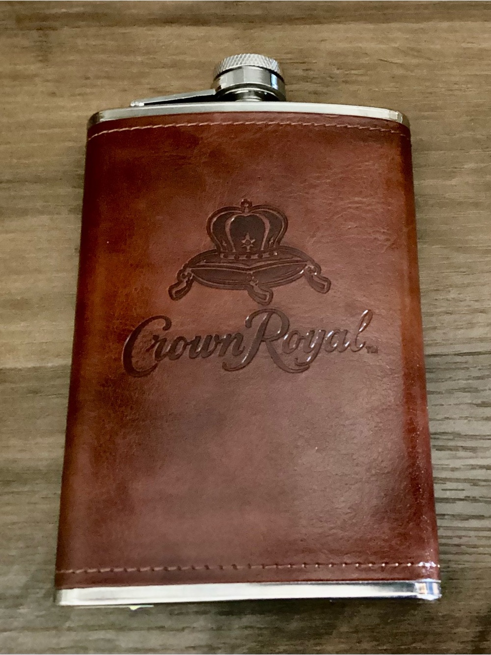 Crown Royal Brown Leather Hip Flask - Branded Stainless Steel